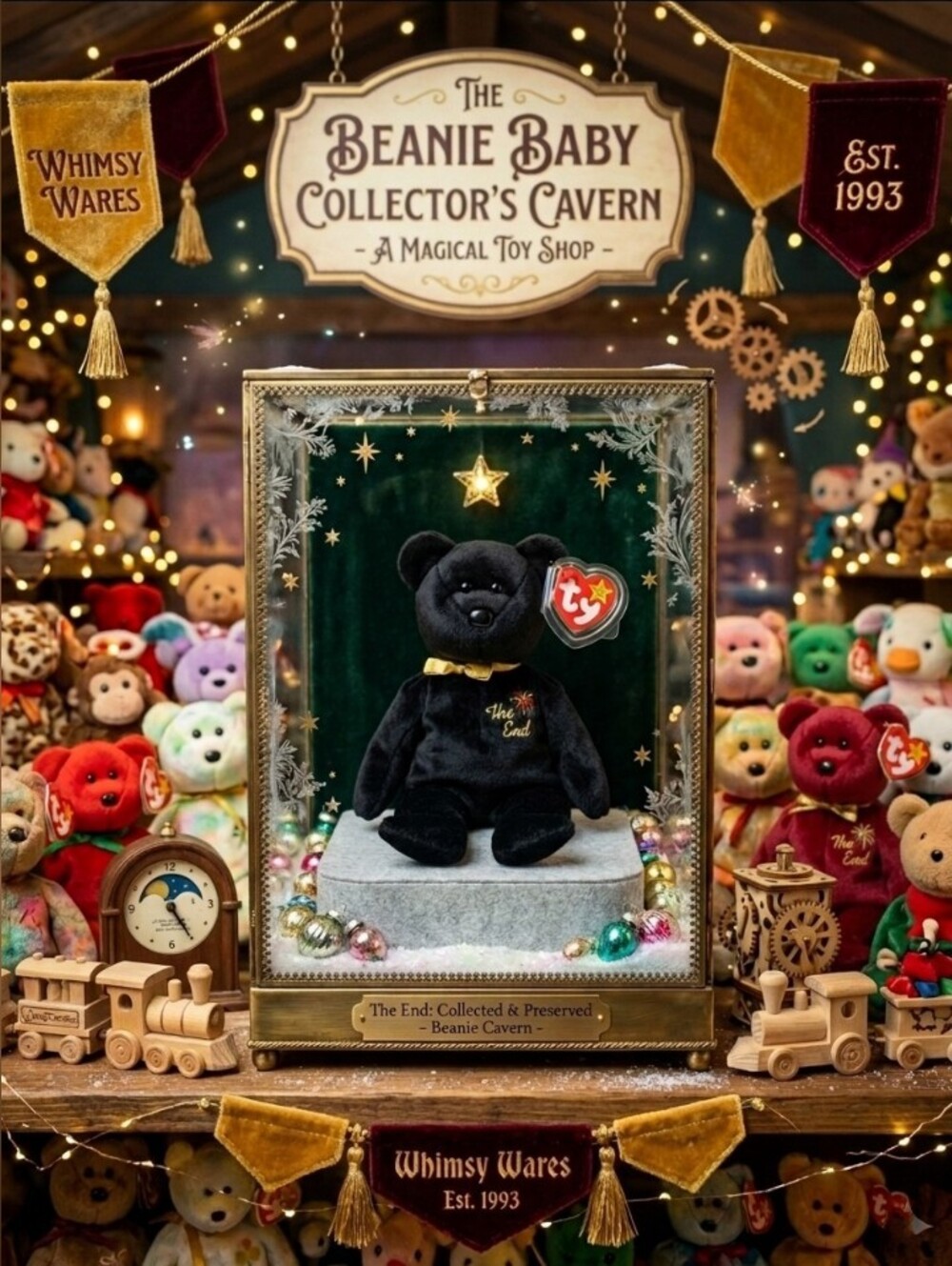 Rare Vintage Ty Beanie Babies 'The End' Black Plush Bear with Gold Bow